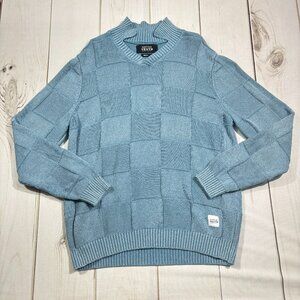 Sz Large Powder Blue Pullover Sweater Distressed Patchwork Pattern Native Youth